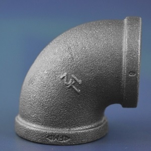 A 90 degree elbow made of black malleable iron to BS EN 10242