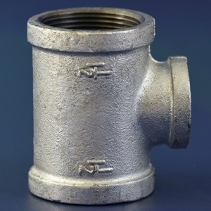 Galvanised malleable iron reducing tees, PN25 pressure rated and BSPT threaded