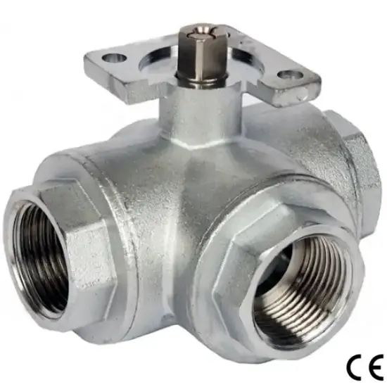 Albion Art87/88 3-Way Brass ball valve with BSPP threaded ends. PN30 Rated, PTFE Ball seats. CE Approved, built-in ISO 5211 actuator mount.