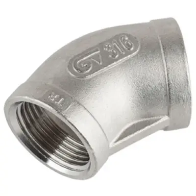Genebre Art0120 Stainless steel 45 degree elbow to ISO 4144, Female BSP threaded, PN20 rated.