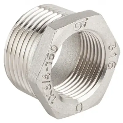 Genebre Art0241 Stainless steel hexagon reducing bush to ISO 4144, Male/female BSP threaded, PN20 rated.