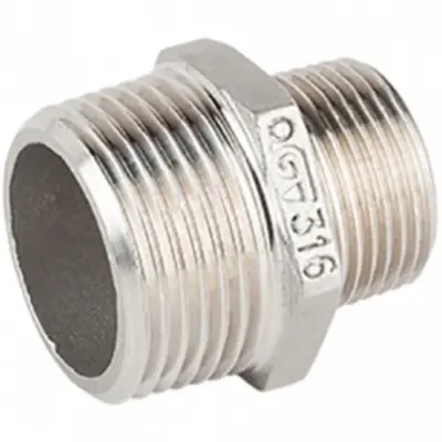 Genebre Art0245 Stainless steel 316 hexagon reducing nipple to ISO 4144, Male BSP threaded, PN20 rated.