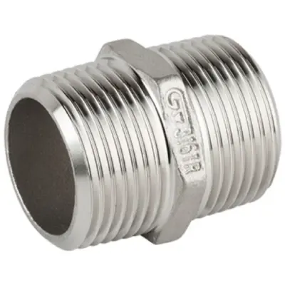 Genebre Art0280 Stainless steel 316 equal hexagon nipple with male BSP threads. PN20 rated, conforms to ISO 4144.
