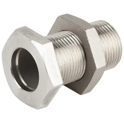 Genebre Art0285 Stainless steel 316 wall connector with male BSP threads. PN20 rated, conforms to ISO 4144.