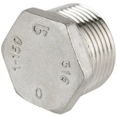 Genebre Art0290 Stainless steel 316 hexagon hollow plug with male BSP threads. PN20 rated, conforms to ISO 4144.