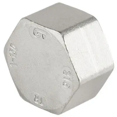 Genebre Art0300 Stainless steel 316 hexagon end cap with female BSP thread. PN20 rated, conforms to ISO 4144.