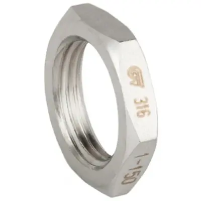 Genebre Art0312 Stainless steel 316 locknut or backnut with female BSP thread. PN20 rated, conforms to ISO 4144.