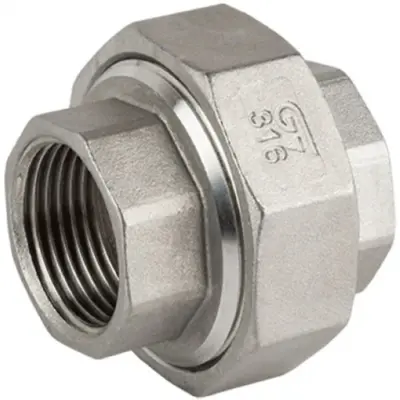 Genebre Art0340 Stainless steel 316 flat faced union with PTFE gasket and female BSP threads. PN20 rated, conforms to ISO 4144.