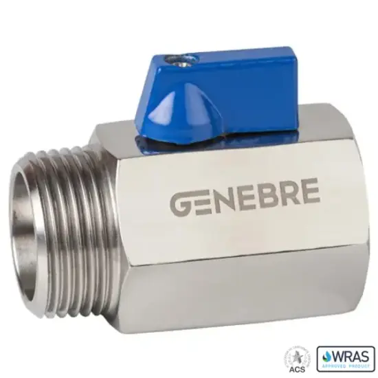 Genebre Art2005 Stainless steel monoblock ball valve with male/female BSP threaded ends, PTFE ball seats. WRAS and ACS approved.