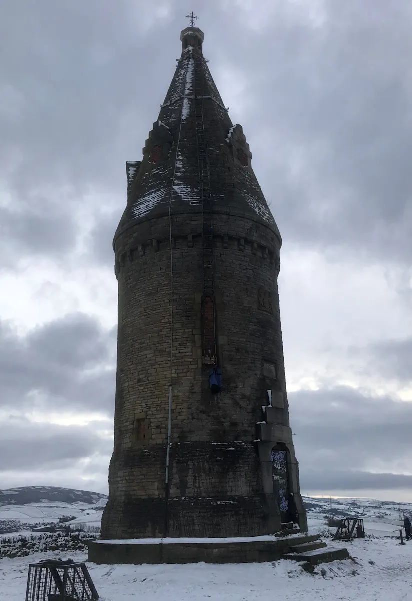 A snowy Hartshead Pike in 2021