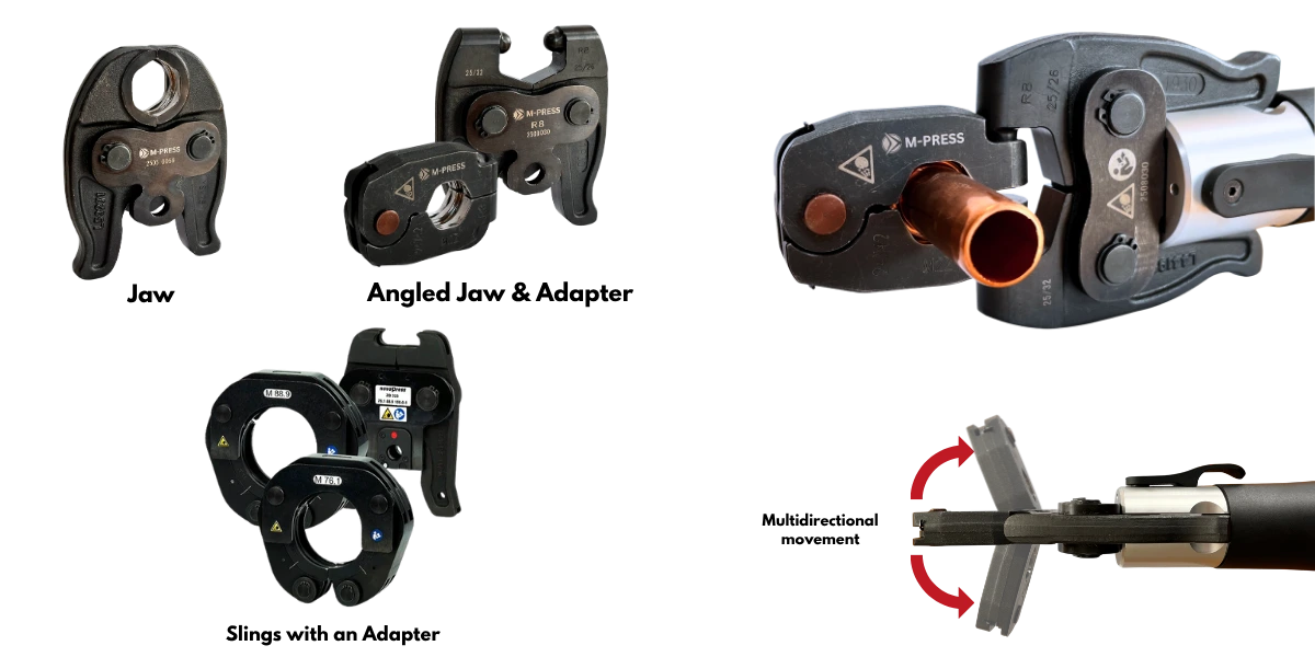 Press Fit, jaw, angled jaw & adapter and 2 slings with an adapter. A demo of the angled jaw in action.