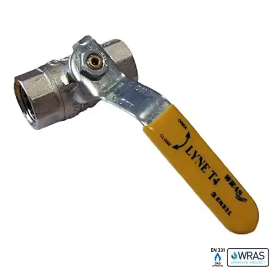 Lyne T4 Yellow handle brass ball valve with BSP taper threaded ends, full bore, 2-piece body. WRAS and EN 331 Gas approved.
