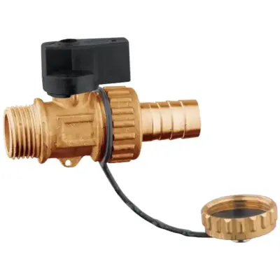 Albion Art11 Brass drain ball valve with male BSPP threaded x Hosetail ends, includes blanking cap. PN16 rated.