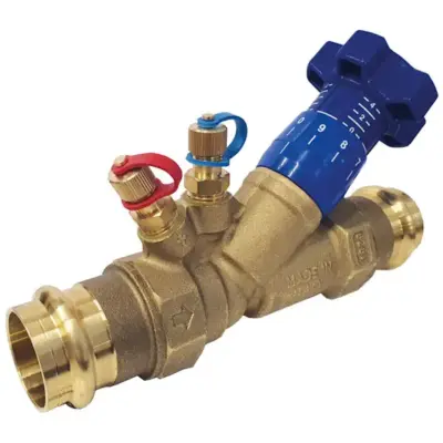 Albion Art22PRS DZR brass fixed orifice double regulating valve with M-profile press fit ends. Up to PN24 rated. Inc binder test points.