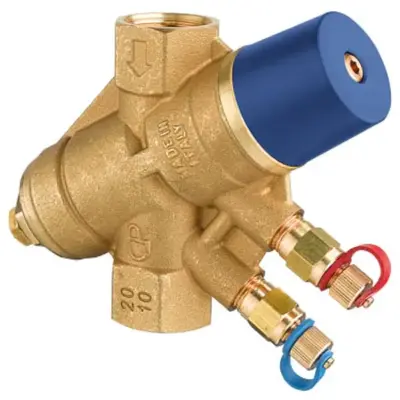 Albion Art24 DZR brass differential pressure control valve with BSP threaded ends, x2 binder test points and PN16 rating.