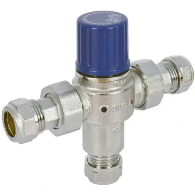 Albion Art33 Chrome plated DZR brass thermostatic mixing valve (TMV) with compression fit ends, WRAS approved and PN10 rated.