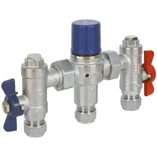 Albion Art33SV Chrome plated brass thermostatic mixing valve with isolators, compression fit ends and WRAS approval.