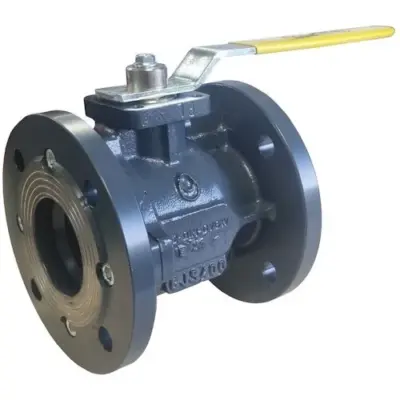 Albion Art82 Cast iron ball valve with PN16 flanged ends, manual lever handle operated.