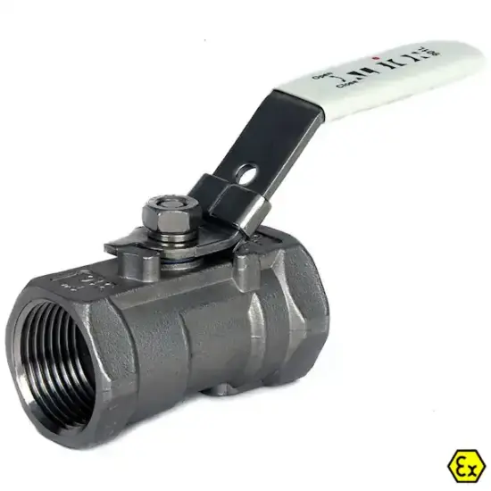 Albion Art901L Stainless steel 1-piece reduced bore ball valve with female BSPT taper threaded ends. ATEX approved.
