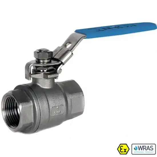 Albion Art902T Full bore 2-piece stainless steel 316 ball valve with BSP taper female threaded ends. WRAS and ATEX approved.