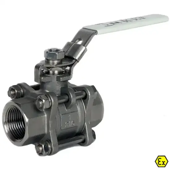 Albion Art903 Full bore stainless steel 316 ball valve with 3-piece body and BSPT threads. ATEX Approved, PN82 rated.