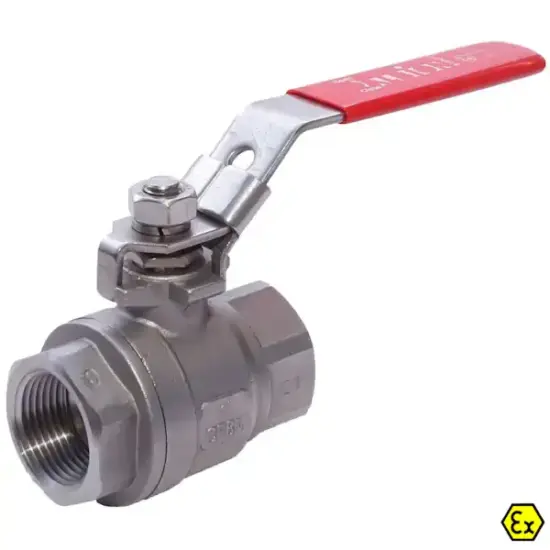 Albion Art912 NPT Threaded stainless steel 316 full bore 2-piece ball valve with locking lever and ATEX approval. PN140 rated.