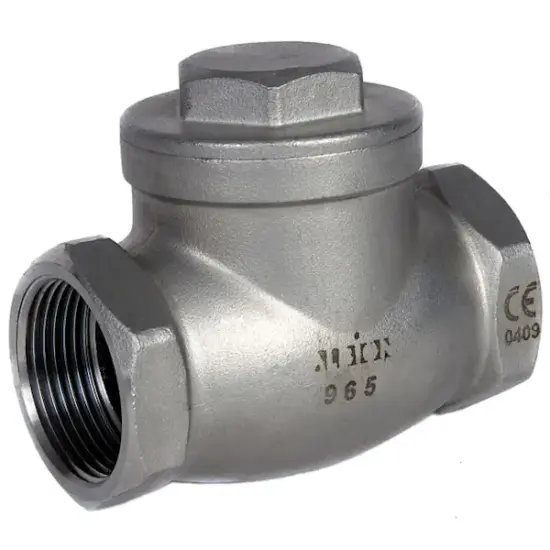 Albion Art965 Stainless steel 316 swing check valve with female BSP threaded ends. CE Marked, ATEX approved, PN16 rated, PTFE seals.