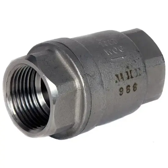 Albion Art966 Stainless steel 316 spring check valve with female BSP threaded ends. ATEX Approved, PN82 rated.