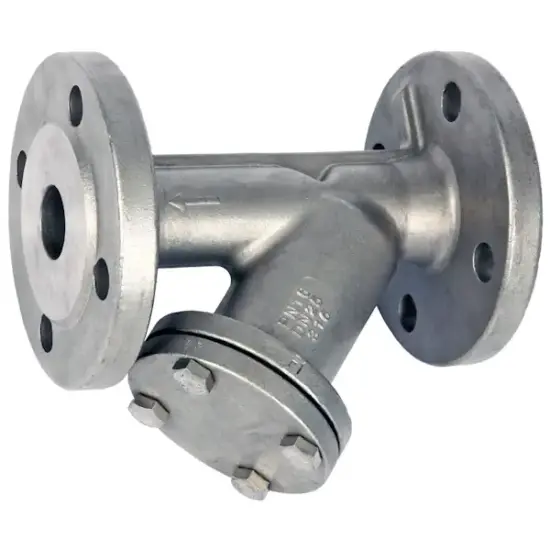 Albion Art969 Stainless steel Y-strainer with PN16 flanged ends. PTFE gasket, 16 bar pressure rated, sizes DN15 - DN100.