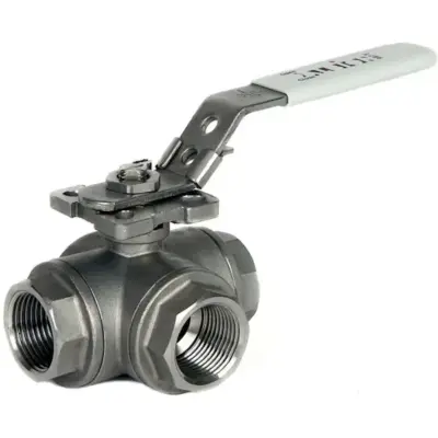 Albion Art987T Stainless steel 3-way ball valve with reduced bore and female BSPT threads. L-Port or T-Port available. PN82 & ATEX Rated.