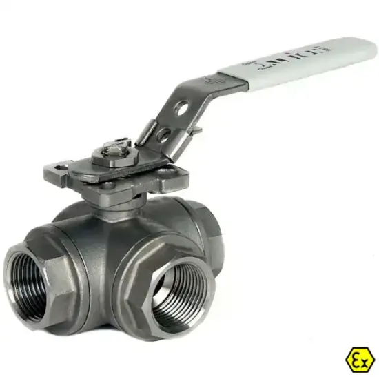 Albion Art987T/Art988L Stainless steel 3-way ball valve with reduced bore and female BSPT threads. L-Port or T-Port available. PN82 & ATEX Rated.