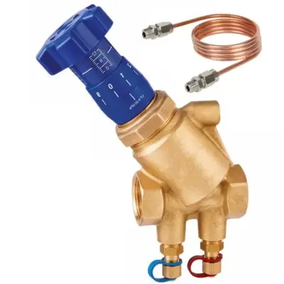 Albion Art24C DZR Brass differential pressure control valve with BSPP threaded ends, binder test points and PN16 rating.