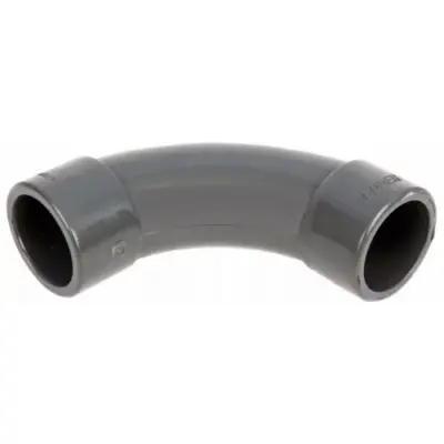 BE30 Metric UPVC plastic short radius 90 degree bend with plain solvent welding ends. PN15 pressure rated, conforms to BS 4346-1