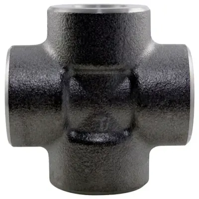 Black forged carbon steel equal cross. BSPT or NPT female threads, 3000lb rated, conforms to ASME B16.11 and BS 3799