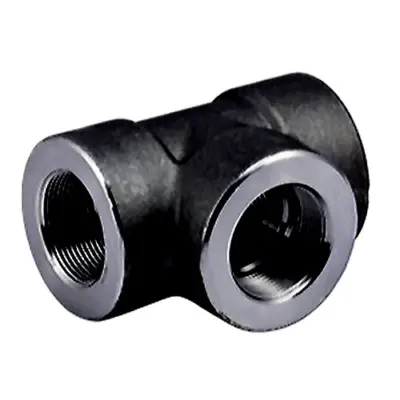 Black forged carbon steel equal tee. BSPT or NPT female threads, 3000lb rated, conforms to ASME B16.11 and BS 3799