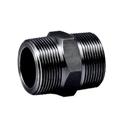 Black forged carbon steel equal hexagon nipple. BSPT or NPT male threads, 3000lb rated, conforms to ASME B16.11 and BS 3799