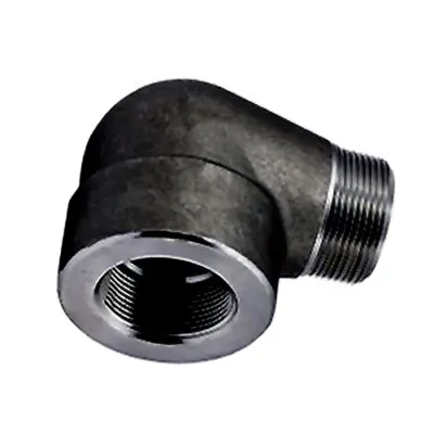 Black forged carbon steel 90 degree street elbow. BSPT or NPT male to female threads, 3000lb rated, conforms to ASME B16.11 and BS 3799