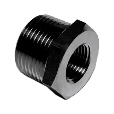 Black forged carbon steel hexagon reducing bush. BSPT or NPT male to female threads, 6000lb rated, conforms to ASME B16.11 and BS 3799