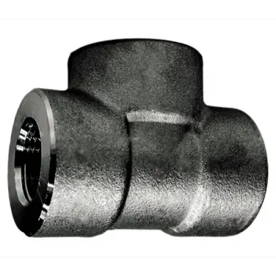 Black forged carbon steel branch reducing tee. BSPT or NPT female threaded ends, 3000lb rated, conforms to ASME B16.11 and BS 3799