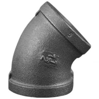 Jinan Meide black malleable iron 45 degree elbow with female BSPT taper threaded ends.
