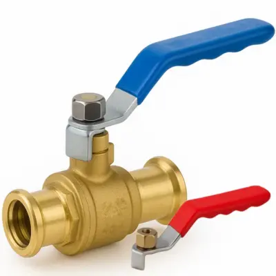 M-Press M profile press fit 2-piece brass ball valve with EPDM seals and PN16 rating. Includes red and blue handles