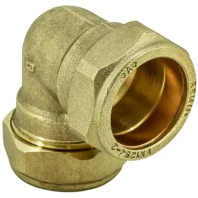 Brass compression fit 90 degree elbow to BS EN 1254-2, WRAS approved and up to 25 bar pressure rated.