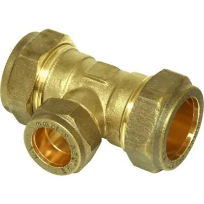 Brass compression fit branch reducing tee to BS EN 1254-2, WRAS approved and up to 25 bar pressure rated.