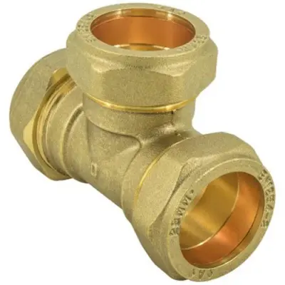 Brass compression fit equal tee to BS EN 1254-2, WRAS approved and up to 25 bar pressure rated.