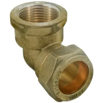 Brass compression fit x BSP female 90 degree elbow to BS EN 1254-2, WRAS approved and up to 25 bar pressure rated.