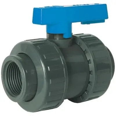 BVD113 UPVC Plastic double union ball valve with female BSP threaded ends.
