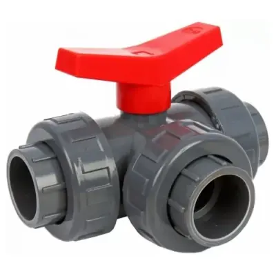 BVL13 UPVC Plastic 3-way L port double union ball valve with plain solvent weld ends.