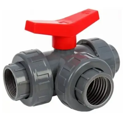 BVT11 UPVC Plastic 3-way T port double union ball valve with female BSP threaded ends.