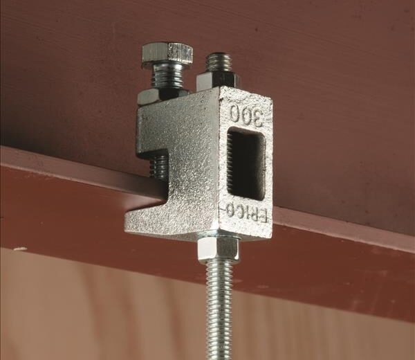 A CADDY beam clamp used to hang threaded bar from an girder