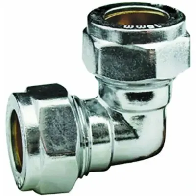 Chrome plated brass compression 90 degree elbow to BS EN 1254-2, WRAS approved and up to 25 bar pressure rated.